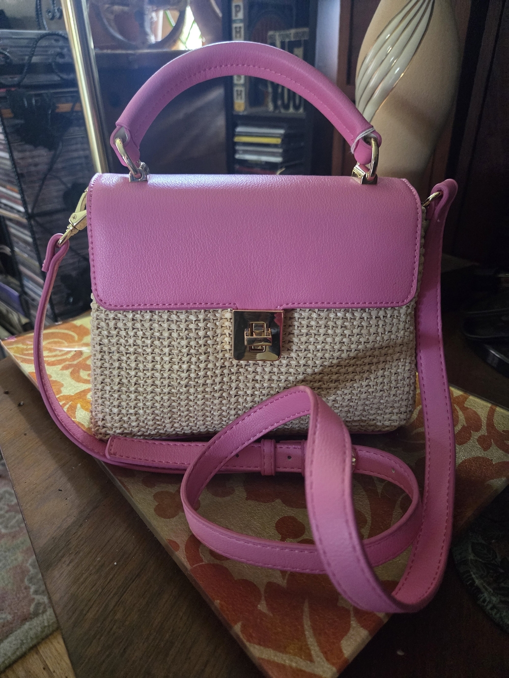 On 34th Straw/Pink Handbag With Polkadot Lining, Never used